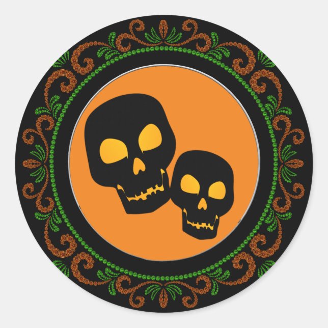 Sticker Rond Crâne noir vert orange Halloween (Devant)