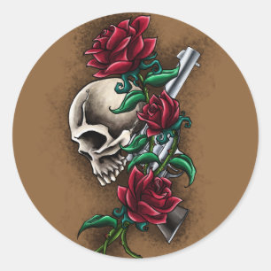 Sticker Rond Crâne occidental avec les roses rouges et le