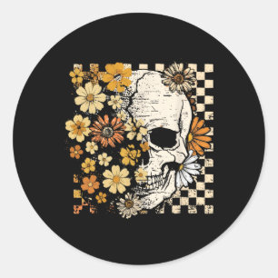 Sticker Rond Crâne rétro Squelette Floral Automne Éffrayant Hal