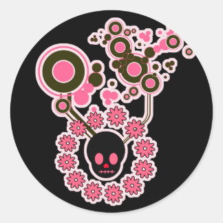 Sticker Rond Crâne rose et cercles de fleurs