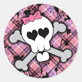 Sticker Rond Crâne rose et os croisés avec Coeurs et Bow
