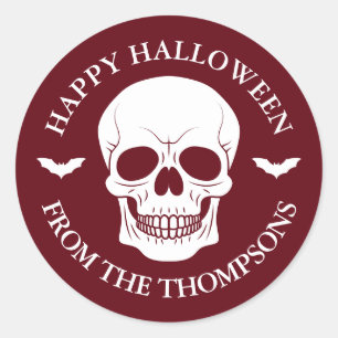 Sticker Rond Crâne Rouge Bourgogne Et Chauves-Bats Avec Hallowe