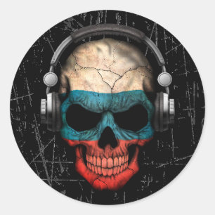 Sticker Rond Crâne russe rayé du DJ avec des écouteurs