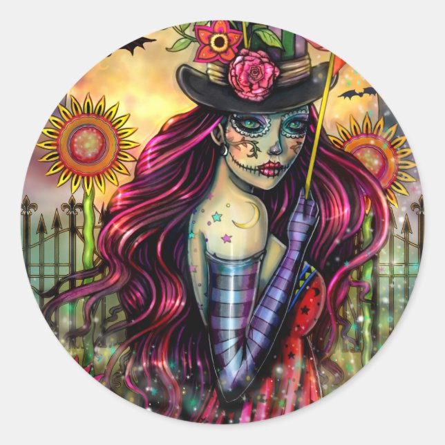 Sticker Rond Crâne sucre fille Imaginaire Halloween Art (Devant)