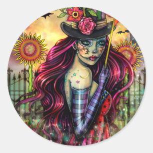 Sticker Rond Crâne sucre fille Imaginaire Halloween Art
