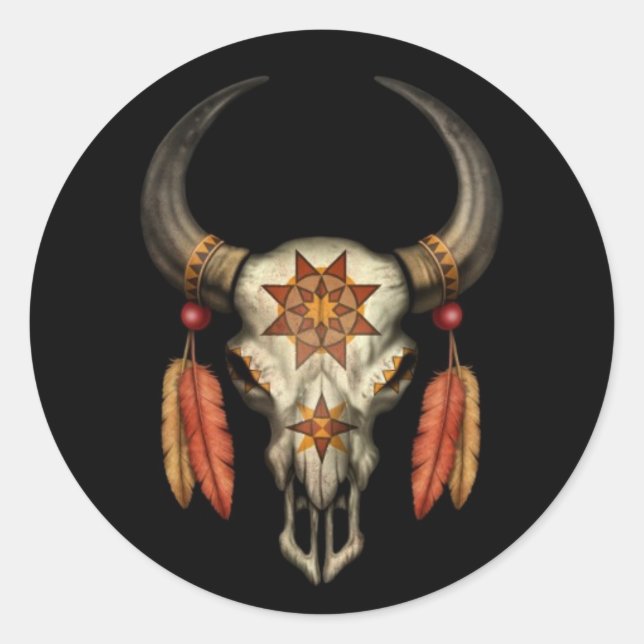 Sticker Rond Crâne taureau natif décoré avec plumes sur noir (Devant)