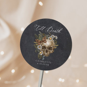 Sticker Rond Crâne vintage et Mariage gothique papillon