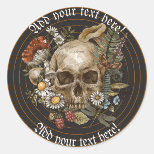 Sticker Rond Crâne Vintage Floral en Cercle Doré Rayures Classi