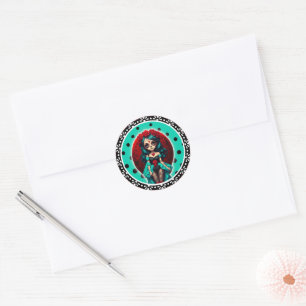Sticker Rond Crânes à sucre de Roses turquoises et rouges