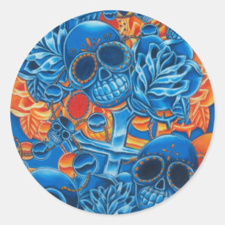 Sticker Rond Crânes bleus et oranges