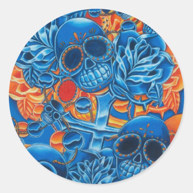 Sticker Rond Crânes bleus et oranges (Devant)