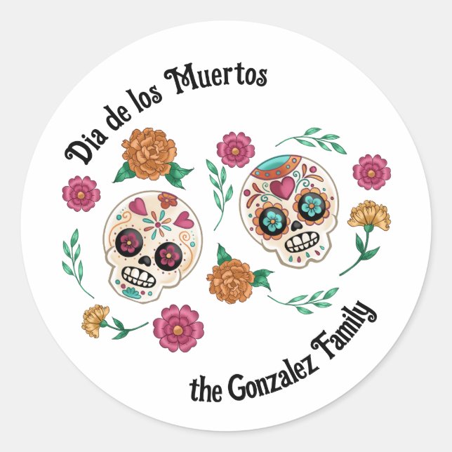 Sticker Rond Crânes de sucre et fleurs de Jour des morts (Devant)
