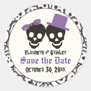 Sticker Rond Crânes élégants Mariage d'Halloween Enregistrer la