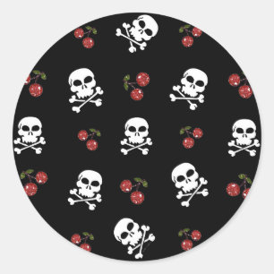 Sticker Rond Crânes et cerises Rockabilly RAB sur fond noir