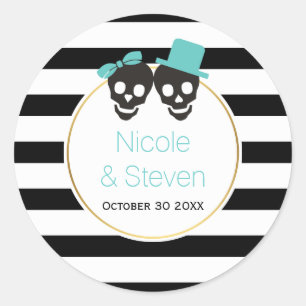Sticker Rond Crânes et rayures bleu aqua Halloween mariage