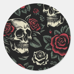 Sticker Rond Crânes et roses rouges Floral gothique