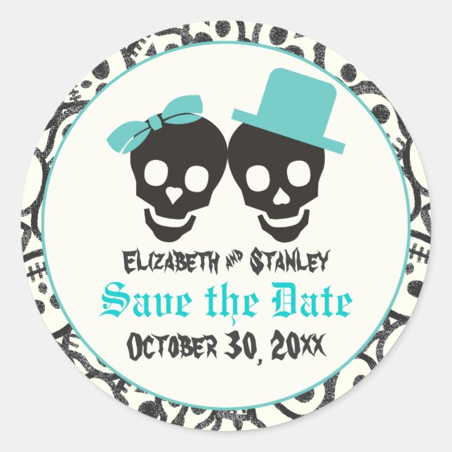 Sticker Rond Crânes Halloween Turquoise mariage Enregistrer la  (Devant)
