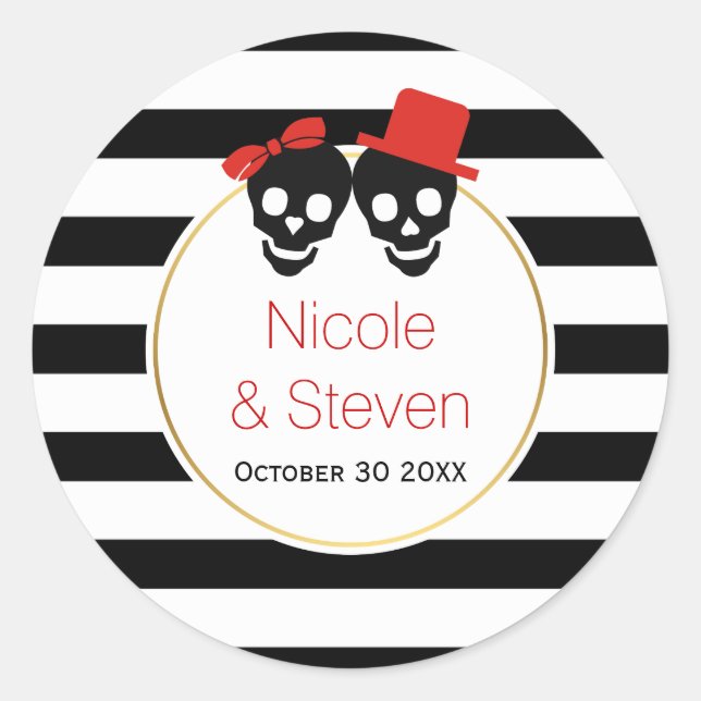Sticker Rond Crânes, noir blanc rayures rouge Halloween mariage (Devant)