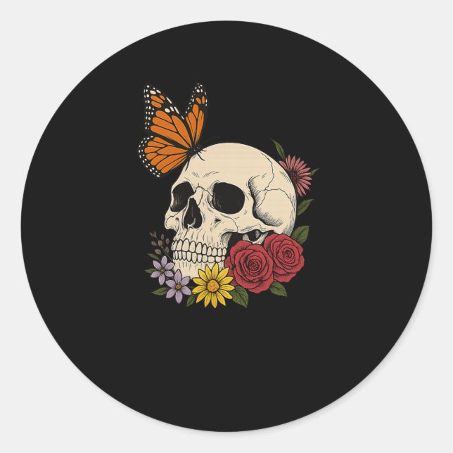 Sticker Rond Crânes Papillon Monarque Fleurs Halloween Hommes F (Devant)