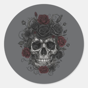 Sticker Rond Crânes Roses Gothiques – Jour des Morts