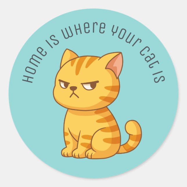 Sticker Rond Cranky Orange Tabby Cat Custom Text Green (Devant)