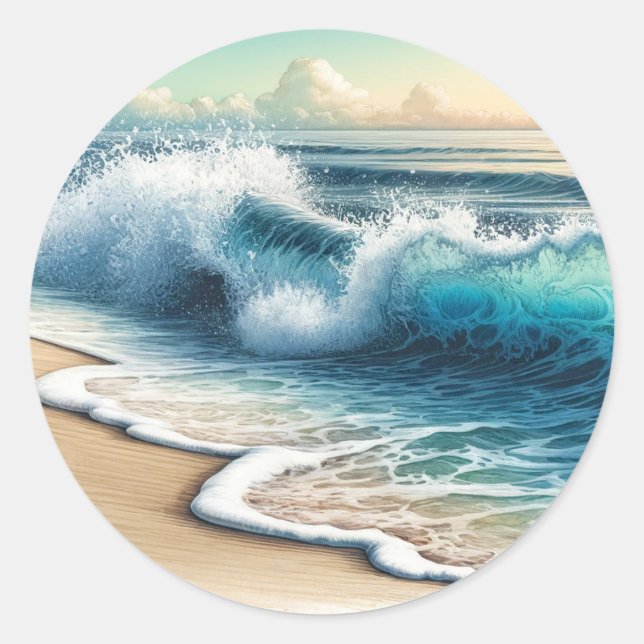 Sticker Rond Crashing Ocean Waves Rustic Coastal Beach Wedding (Devant)