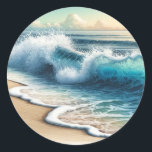 Sticker Rond Crashing Ocean Waves Rustic Coastal Beach Wedding<br><div class="desc">customisez avec n'importe quel texte.</div>