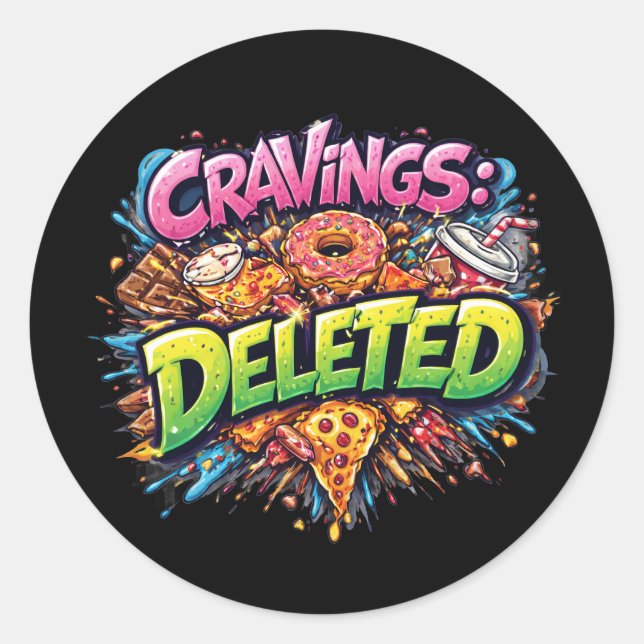 Sticker Rond Cravings Deleted – Bold Comic Junk Food Graphic (Devant)