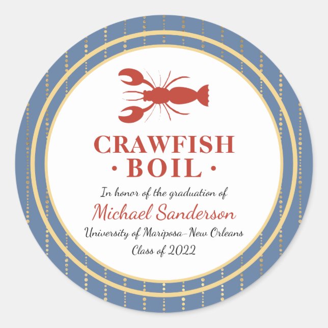 Sticker Rond Crawfish Boil Fruits de mer Blue Graduation Party (Devant)
