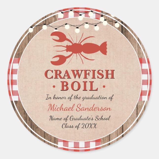 Sticker Rond Crawfish Boil Lobster Graduation Party Rustique (Devant)
