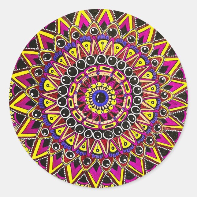Sticker Rond Crayon de couleur mandala violet jaune (Devant)