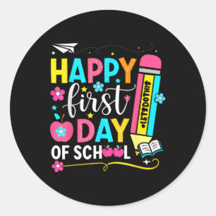 Sticker Rond Crayon de premier jour d'école heureux enseignant