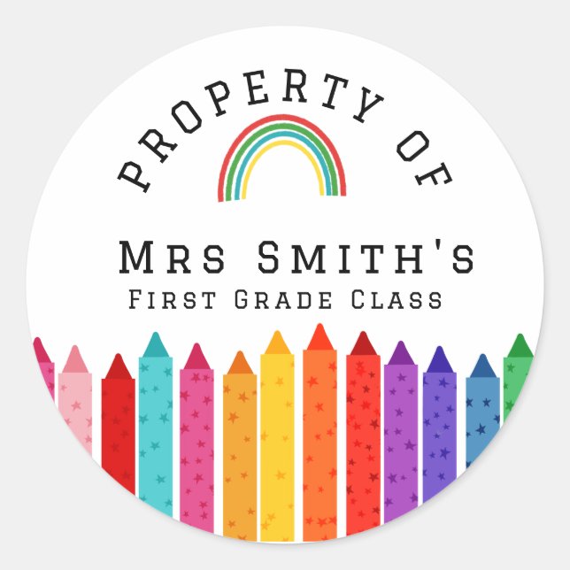 Sticker Rond Crayons arc-en-ciel Propriété de la classe Autocol (Devant)