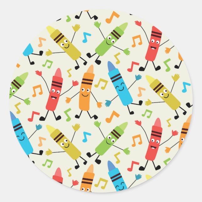 Sticker Rond Crayons de danse Kawaii drôles avec des notes de m (Devant)
