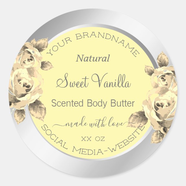 Sticker Rond Cream Rose Jaune Floral Produit Packaging Étiquett (Devant)