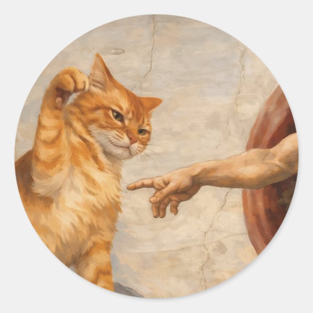 Sticker Rond Création d'Adam avec le chat Sarca, une œuvre d'ar (Devant)