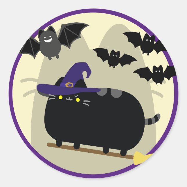 Sticker Rond Créature de la nuit Halloween sorcière Chat Artwor (Devant)