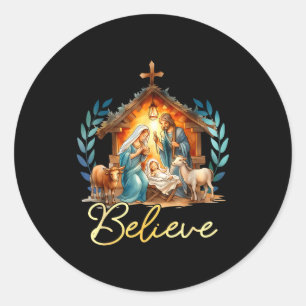 Sticker Rond Crèche Croyez Noël Chrétien Famille Joyeux