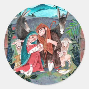 Sticker Rond Crèche religieuse bleu, rouge Marie & Joseph