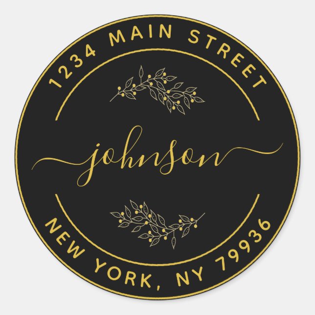 Sticker Rond Créez Votre Propre Adresse de Retour Rond Noir Or (Devant)