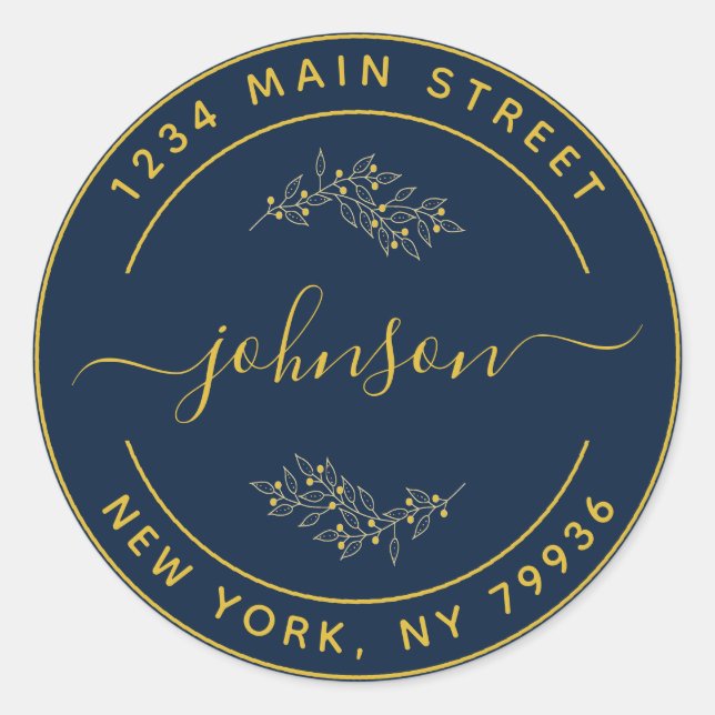 Sticker Rond Créez votre propre adresse de retour ronde noir or (Devant)