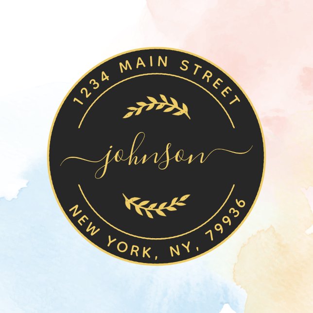 Sticker Rond Créez votre propre adresse de retour ronde or noir (Créateur téléchargé)