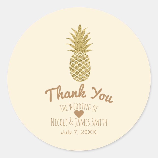 Sticker Rond Crème de Ananas Doré Élégance Tropicale de Mariage (Devant)