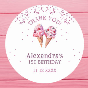 Sticker Rond Crème de glace rose fille 1er anniversaire Merci