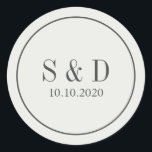 Sticker Rond Crème et bleu | Monogramme classique Mariage<br><div class="desc">Conçus pour correspondre à notre collection de Mariages Crème et Bleu Bio,  les autocollants ronds présentent vos initiales ou monogramme et date mariage sur un gris bleu élégant.</div>