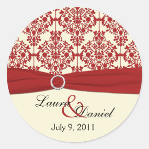 Sticker rond crème et rouge Damask 1,5 po