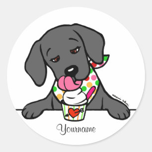 Sticker Rond Crème glacée à chiot noir personnalisé