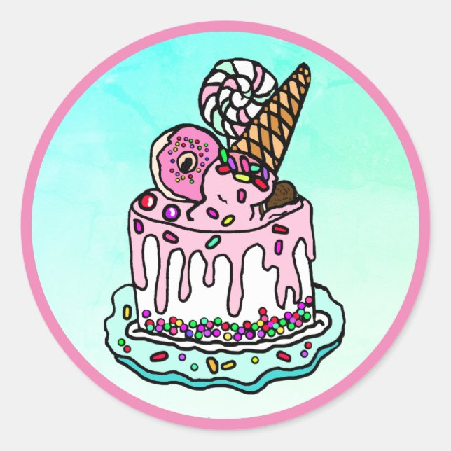 Sticker Rond Crème glacée Cone rose gâteau d'anniversaire saupo (Devant)