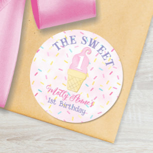 Sticker Rond Crème glacée Cone sucré 1er anniversaire fille