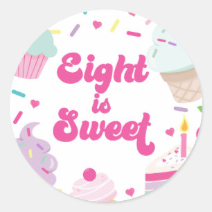 Sticker Rond Crème glacée et gâteau Huit est doux 8e anniversai